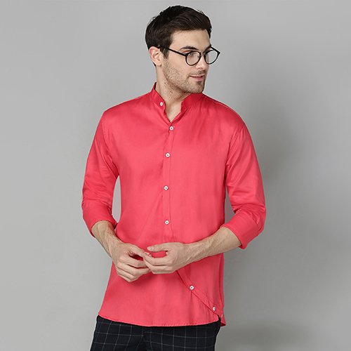 Mens Slim Fit Solid Peach Mandarin Collar Casual Shirt