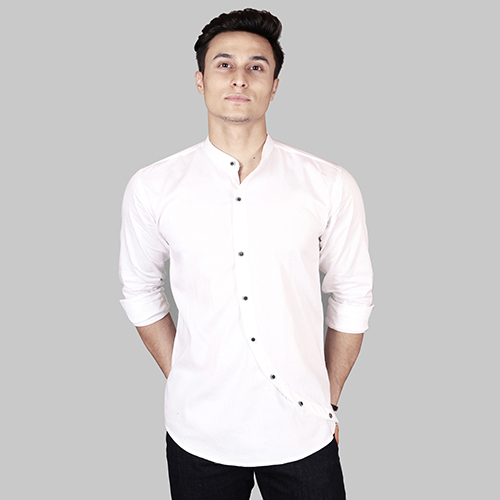 Mens Slim White Mandarin Collar Casual Shirt