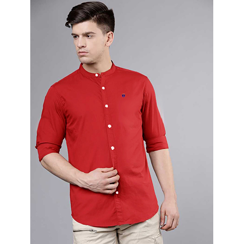 Mens Slim Fit Solid Red Mandarin Collar Casual Shirt