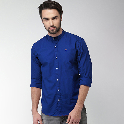 Mens Slim Fit Solid Royal Blue Mandarin Collar Casual Shirt