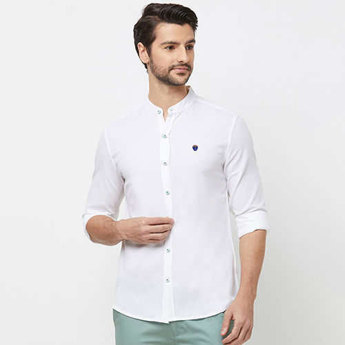 Quick Dry Mens Slim Fit Solid White Mandarin Collar Casual Shirt