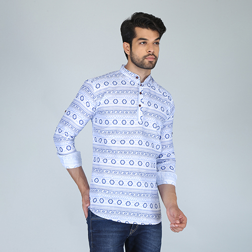 Mens Straight Kurta - Cotton Blend, Long Sleeves, White Printed Design | Washable, Quick Dry Fabric