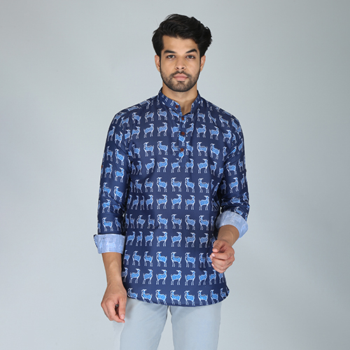 Mens Printed Blue Cotton Kurta