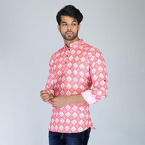 Quick Dry Mens Printed Cotton Pink Kurta