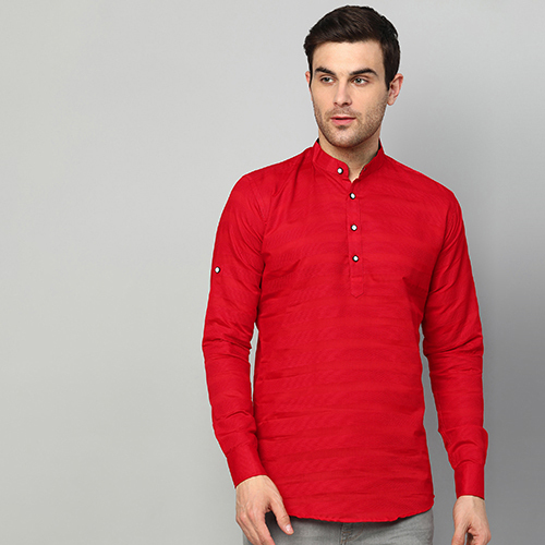 Mens Striped Cotton Red Kurta