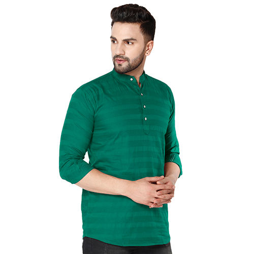 Quick Dry Mens Striped Cotton Green Short Kurta