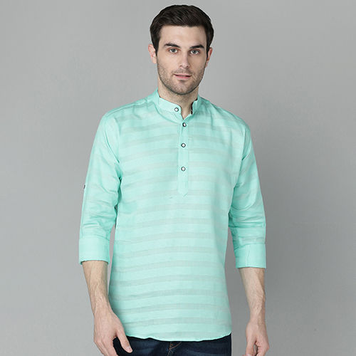 Quick Dry Mens Striped Cotton Light Green Short Kurta