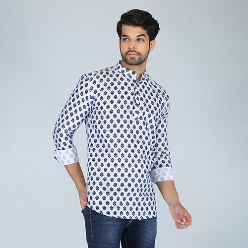 White Mens Star Printed Short Kurta