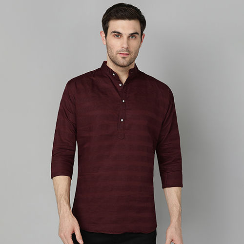 Mens Striped Maroon Short Kurta