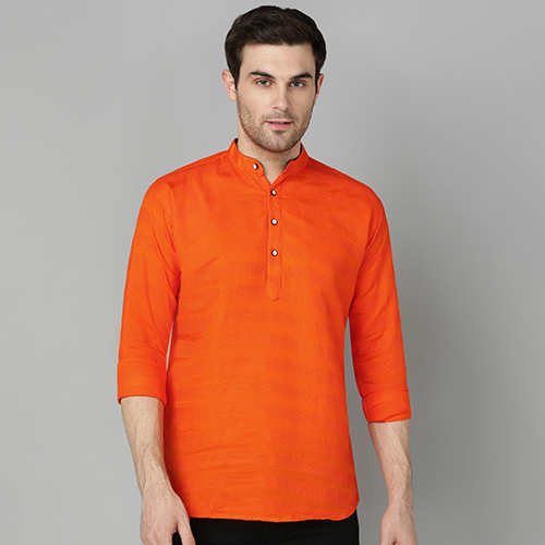 Mens Striped Cotton Orange Short Kurta