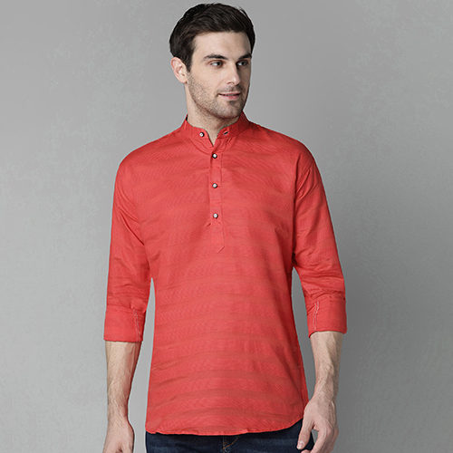 Mens Striped Cotton Blend Short Kurta