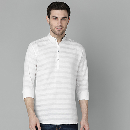 Mens Striped Cotton White Short Kurta