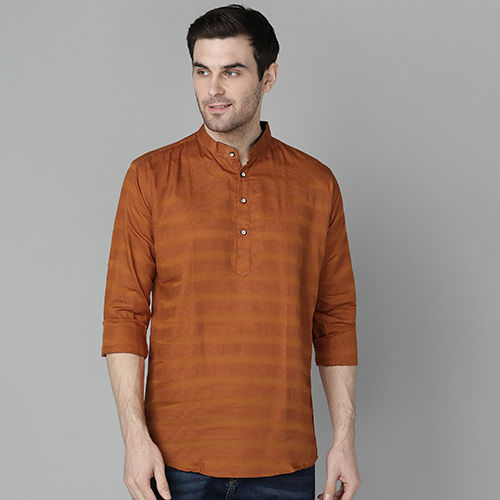 Quick Dry Mens Striped Brown Short Kurta