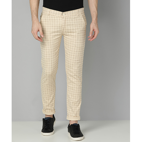 Mens Slim Fit Cream Check Cotton Blend Trouser