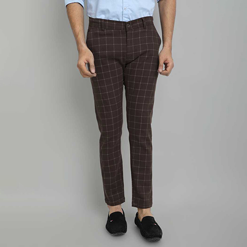 Mens Slim Fit Brown Check Formal Trouser