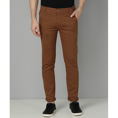 Mens Slim Fit Light Brown Check Cotton Blend Trouser