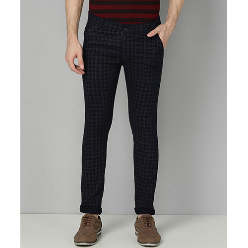 Mens Slim Fit Navy Blue Check Cotton Blend Trouser