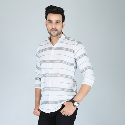 Mens Slim Fit Striped Spread Collar Casual Shirt - Cotton, Full Sleeves, White | Quick Dry, Washable, Striped Pattern