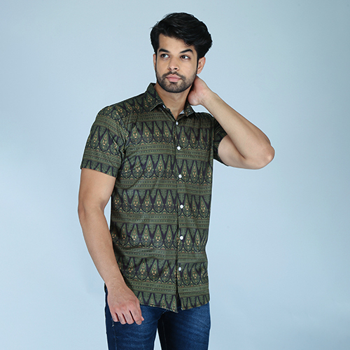 Mens Slim Fit Striped Olive Green Casual Shirt