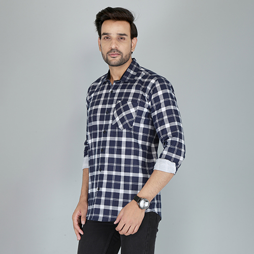 Mens Slim Fit Checkered Spread Collar Casual Shirt