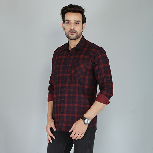 Mens Slim Fit Checkered Maroon Casual Shirt