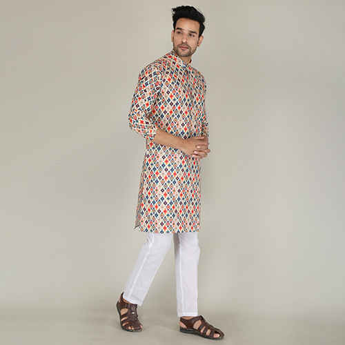 Mens Printed Cotton Blend Straight Kurta