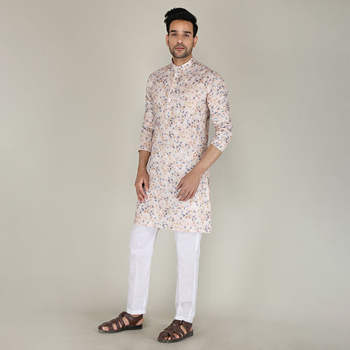 White Mens Printed Beige Straight Kurta