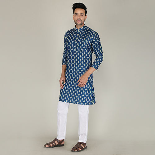 Quick Dry Mens Printed Blue Straight Kurta