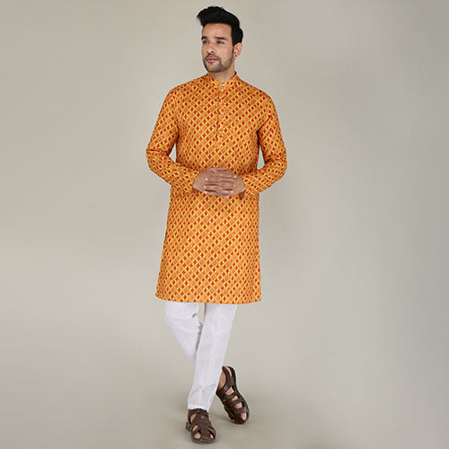 Quick Dry Mens Yellow Cotton Blend Straight Kurta