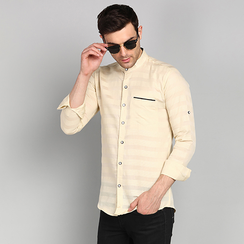 Mens Slim Fit Striped Mandarin Collar Casual Shirt