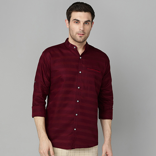 Mens Slim Fit Striped Maroon Casual Shirt