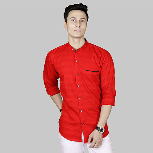 Washable Mens Slim Fit Striped Red Casual Shirt