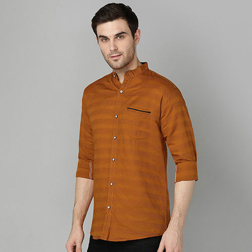 Brown Men Slim Fit Striped Mandarin Collar Casual Shirt