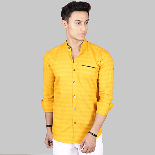 Mens Slim Fit Striped Yellow Casual Shirt