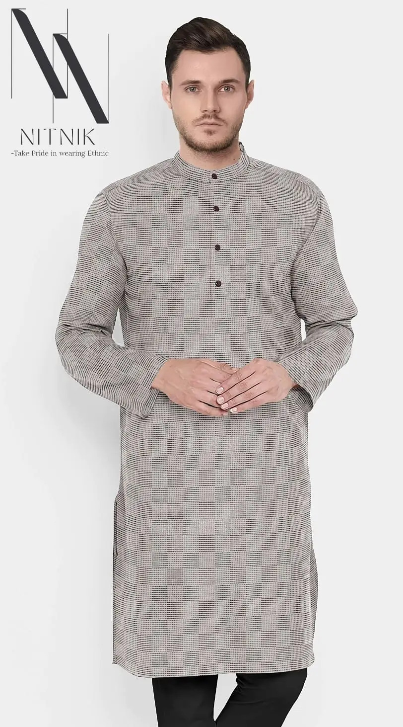 Long Grey Kurta 100% Cotton For Men