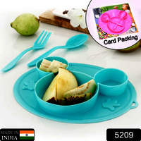 Silicon Micky Plate - Silicone, Standard Size, Blue | 2-in-1 Sectioned Plate With Mat, Stainless Steel Utensils, Easy To Clean