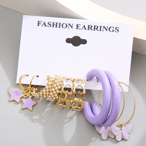 Combo Of 5 Purple Butterfly Star Heart Hoop Earrings