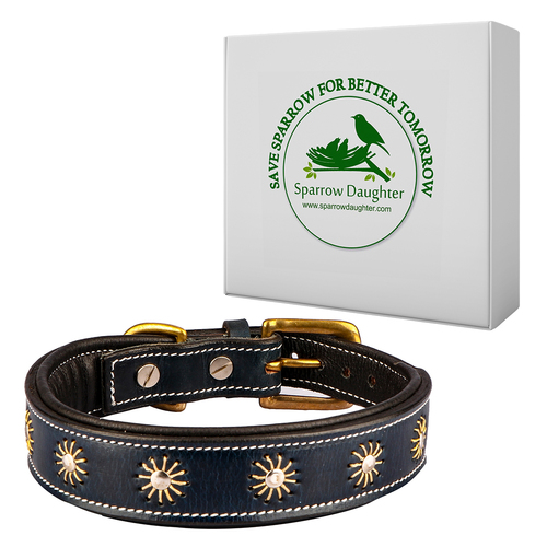 SPARROW DAUGHTER DOG COLLAR WITH EMBROIDERY DESIGN - PU Leather Blue Soft Padded Breathable Comfortable Fit