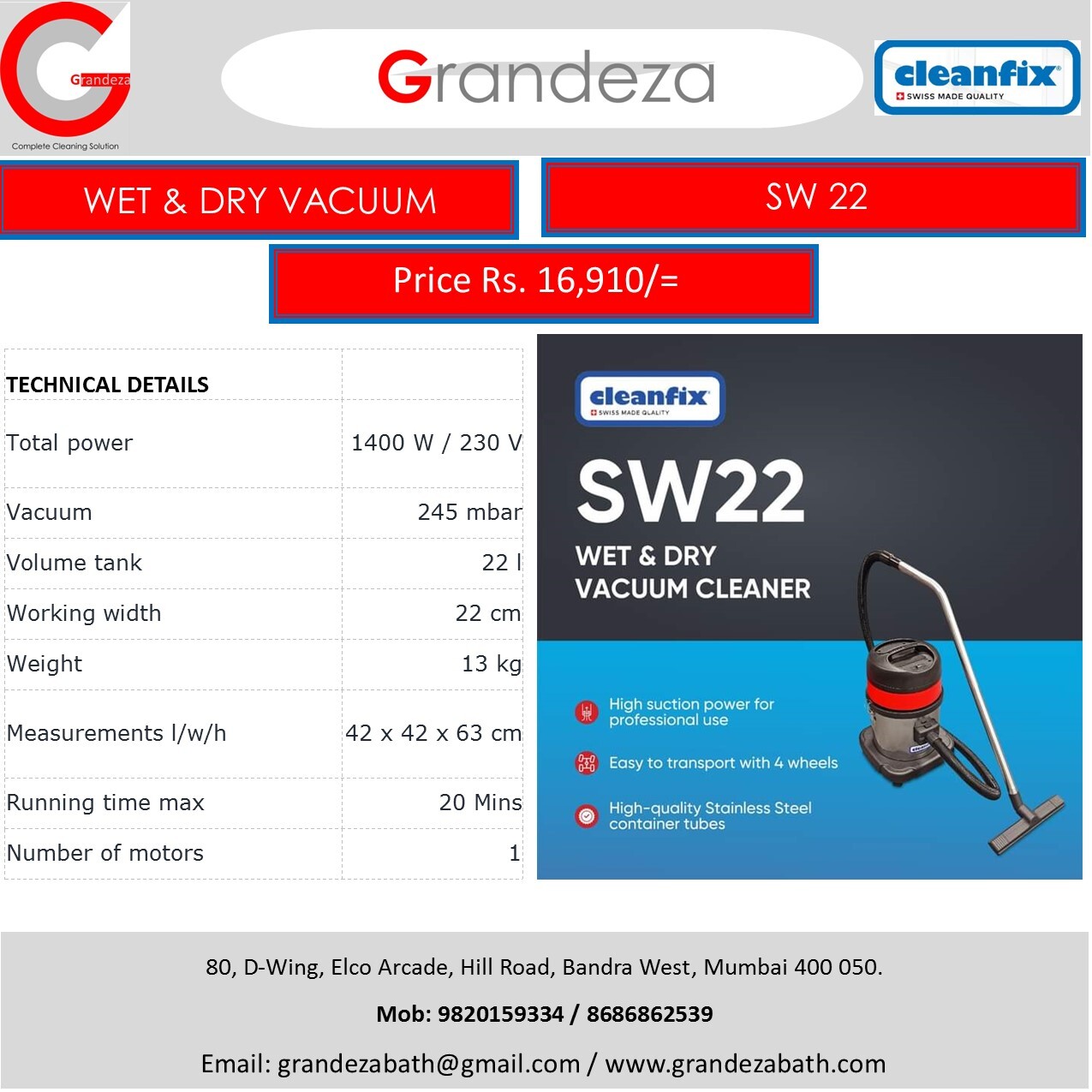 CLEANFIX SW 22 Wet n Dry Vacuum Cleaner