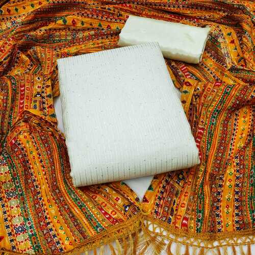 Plain Bella Yellow Dyable Chanderi Dress Material
