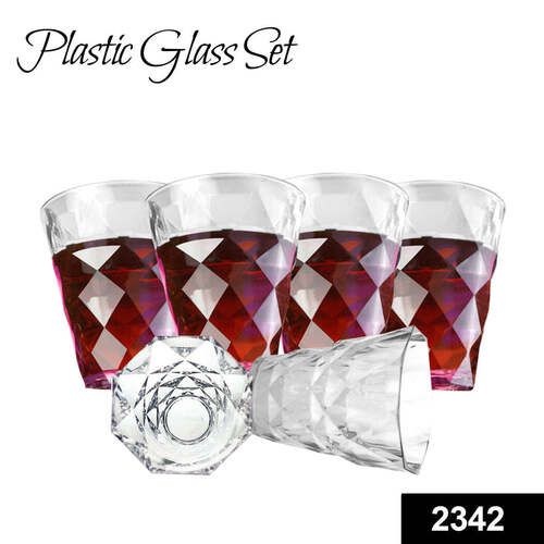 HEAVY UNBREAKABLE STYLISH DIAMOND LOOK FULLY TRANSPARENT PLASTIC GLASSES SET 260ML(2342)