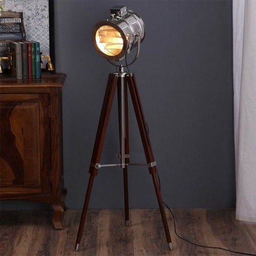 Silver Stainless Steel Standing Spotlight With Wooden Tripod