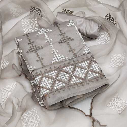 Embroidered Chaaya Grey Organza Dress Material