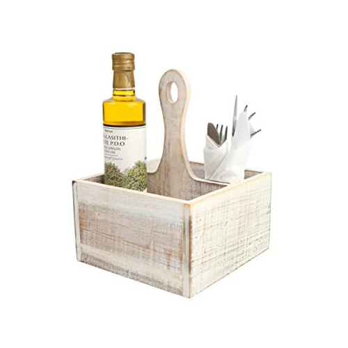 Wooden Cutlery Holder - Mango Wood 8x8x9 Inch White Rustic Finish | Customizable Color & Logo Antique Imitation Style 4 Partitions