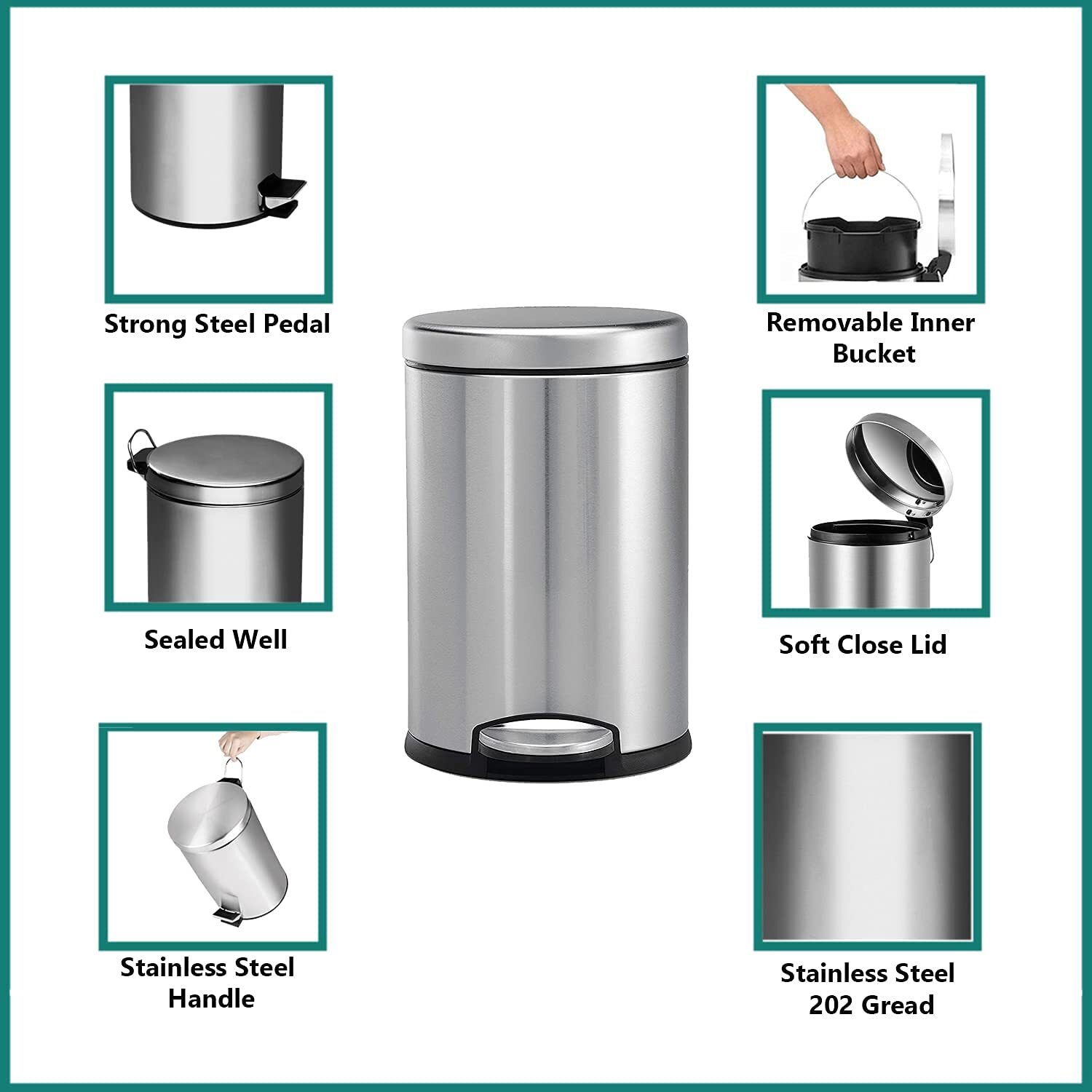 Sintage Stainless Steel Pedal Dustbin 8x12
