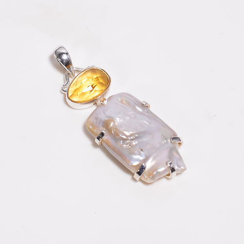 Rose Cut Citrine Baroque Pearl Gemstone 925 Sterling Silver Pendant Women Fashion Pendant Supplier - Weight: 5.2 Grams (G)