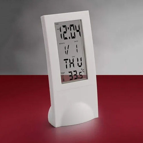 White Digital Table Alarm Clock With Calendar And See Thru Display