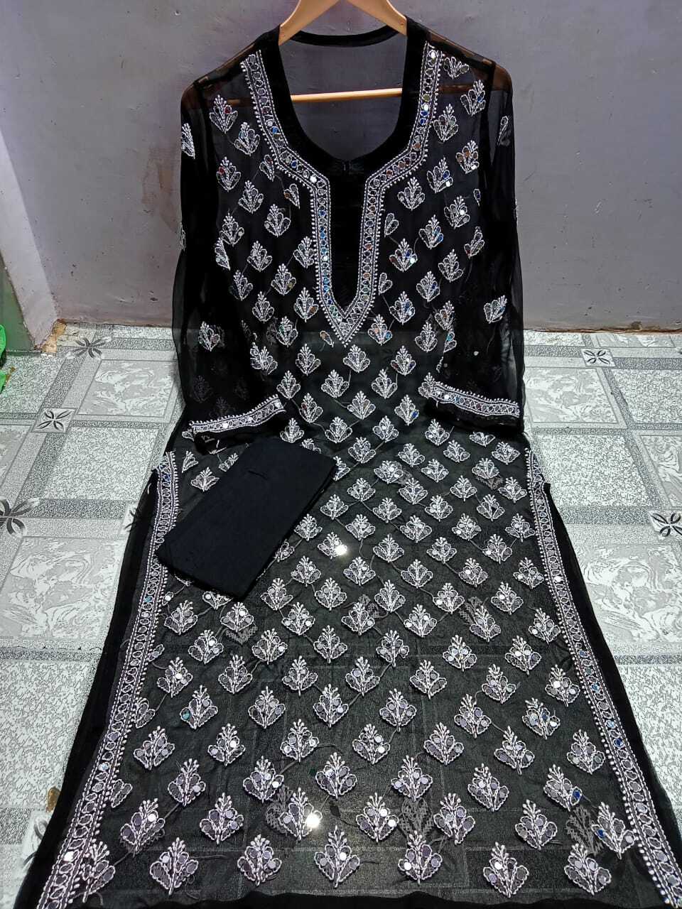 Lucknowi latest chiffon Booti jaal with inner febric hand and mirror work embroidry