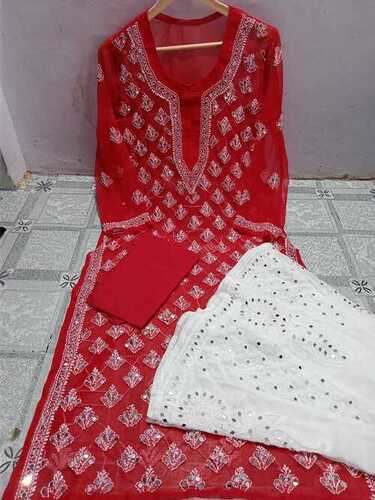 Lucknowi Latest Chiffon Booti Jaal With Inner And Sharara Set Febric Hand And Mirror Work Embroidry