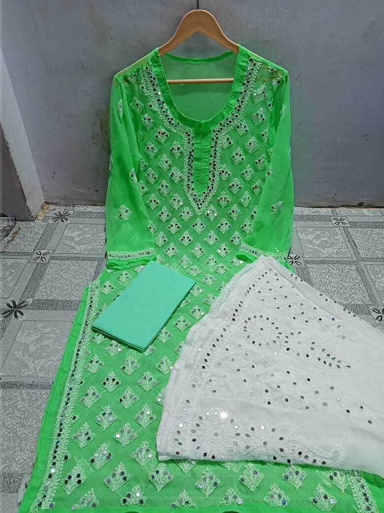 Lucknowi latest chiffon Booti jaal with inner and sharara set febric hand and mirror work embroidry